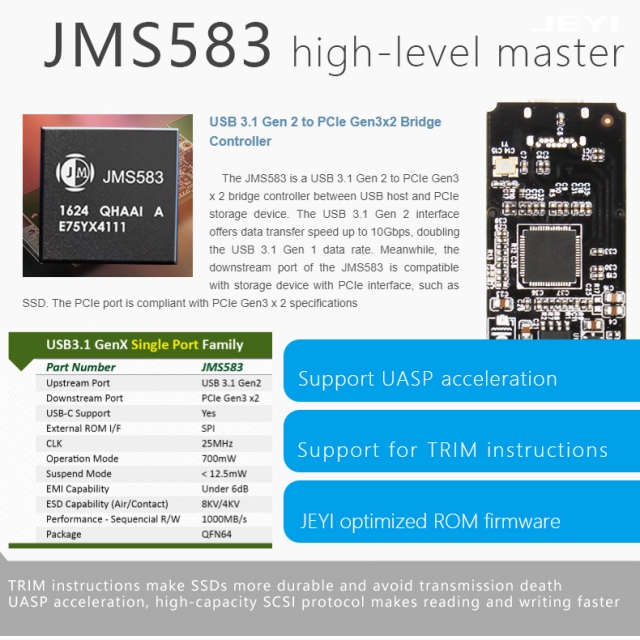 Box chuyển M.2 PCie sang USB 3.1 JEYI i9 JMS583 Nvme Type C - Biến SSD M.2 PCIe thành ổ cứng di động 8