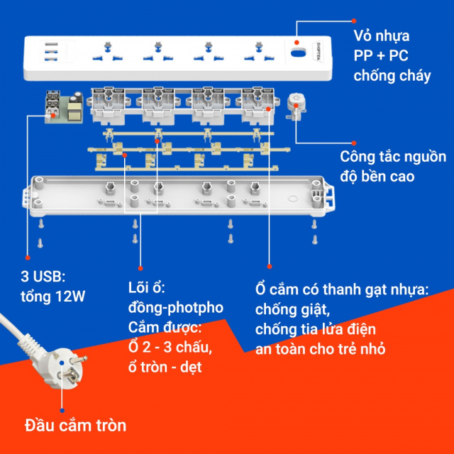 Ổ điện đa năng SHOPTIDA WORKZ K6 2.5m (Chịu tải 2500W cắm nồi chiên, nồi lẩu an toàn) 2
