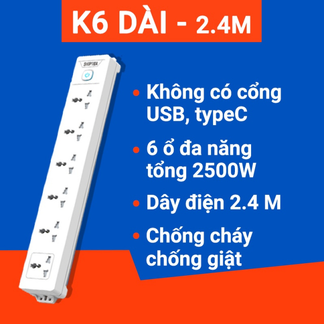 Ổ điện đa năng SHOPTIDA WORKZ K6 2.4m (Chịu tải 2500W cắm nồi chiên, nồi lẩu an toàn) 1