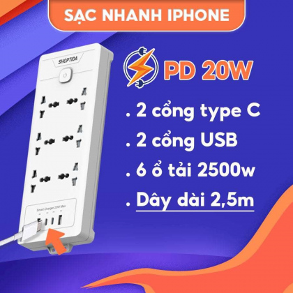 Ổ điện đa năng SHOPTIDA WORKZ K6-PD 2.5m (Chịu tải 2500W cắm nồi chiên, nồi lẩu an toàn)