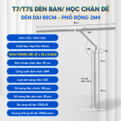 Đèn bàn học bảo vệ mắt, chống cận Mopi Light T7S (Có chân đế - Màu bạc)