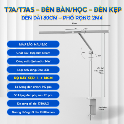 Đèn bàn học bảo vệ mắt, chống cận Mopi Light T7AS (Chân kẹp - Màu bạc)